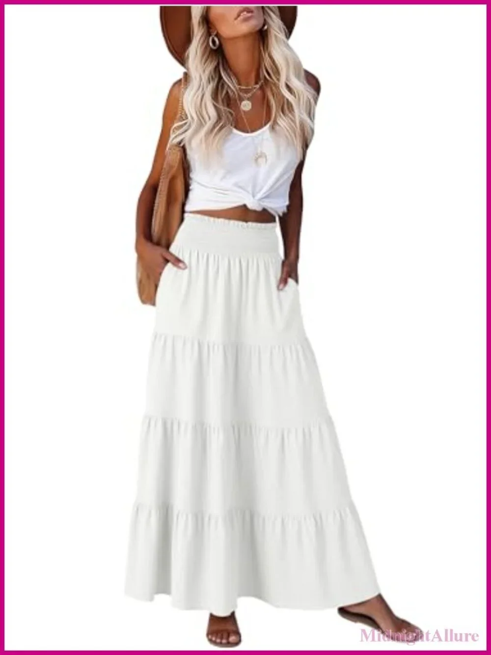 Elastic High Waist A-Line Tiered Maxi Skirt, Flowy Boho with Pockets